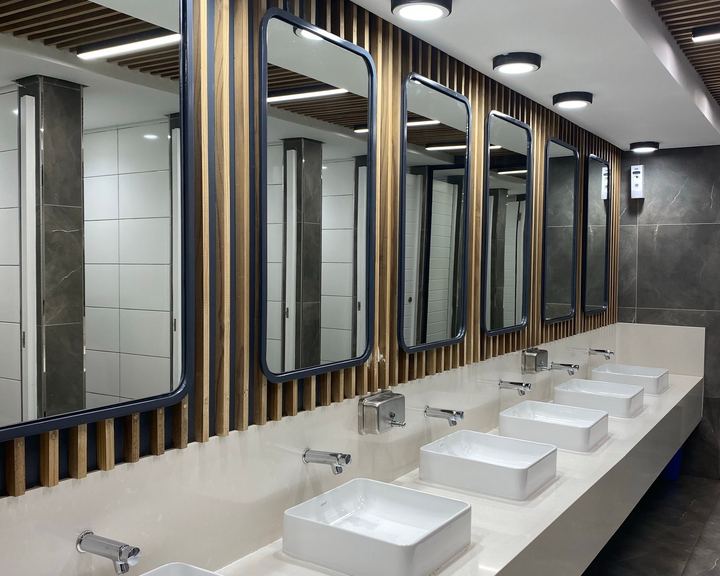 Commercial restroom idea: long counter with a row of vessel sinks and mirrors